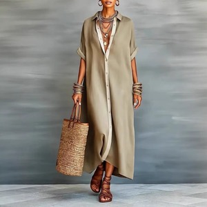 Nuevo Vestido Camisero de Verano 2026 al por Mayor con Bloques de Color en Contraste, Estilo <span class=keywords><strong>Francés</strong></span> Chic, Holgado, Oversize, de Algodón y <span class=keywords><strong>Lino</strong></span>, Maxi Vestido Tallas Grandes Negro - Product Image 3