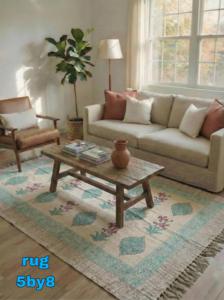Turquoise Floral Buti <b>Block</b> Print Cotton Rug 5x8 Handmade Carpet with Tassels Boho Floor Mat Living Room Decor - Product Image 1
