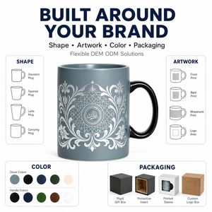 Mug en céramique bleu gris à motif islamique, impression blanche, anse noire, 350 ml, compatible micro-ondes, personnalisable OEM ODM, pour café et thé, coffret cadeau, vente en gros - Product Image 2