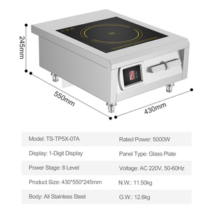 Table de cuisson à induction professionnelle en acier inoxydable de haute qualité 5000W, 8 niveaux de puissance, contrôle magnétique, panneau plat Microlite - Product Image 5