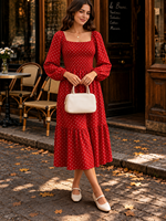 Nouvelle robe mi-longue décontractée pour femme, rouge à pois, col carré, manches longues, corsage smocké, jupe étagée en A