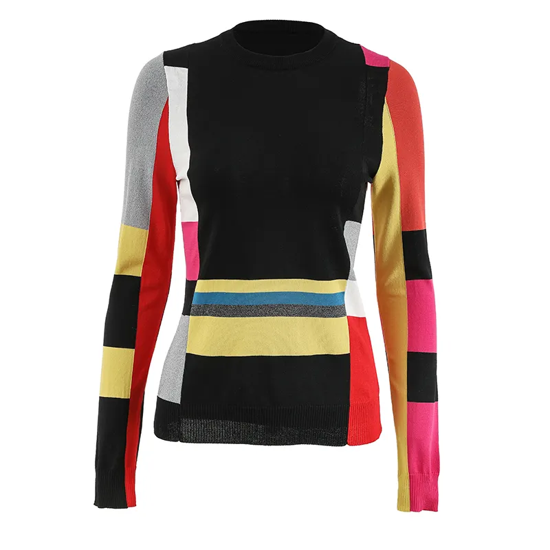 New Style Clothing Custom Women Sweater Patchwork Color Long Sleeve Sweater Pullover Wide Stripe Design Slim Casual