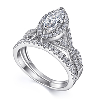 Fournisseur de bijoux de luxe, bague halo en argent sterling 925 plaqué rhodium, résistante au ternissement, avec zircone blanche taille marquise pour femmes