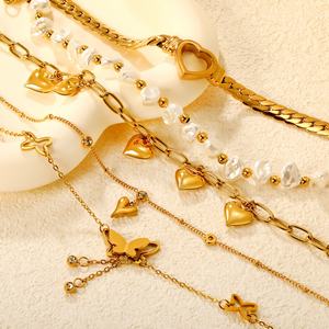 Waterproof 18K PVD Gold Plated Stainless Steel Trendy Chunky Pearl <b>Butterfly</b> Heart Thin Cuban Chain <b>Bracelet</b> Jewelry for Women - Product Image 1