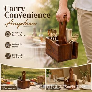 Support à couverts en bois massif avec poignée, rangement de cuisine, organisation des ustensiles, style moderne minimaliste - Product Image 2