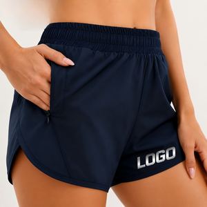Shorts de course pour femmes bleu marine à séchage rapide avec poches, taille élastique, style sportif, logo personnalisé imprimé sur la jambe droite - Product Image 1
