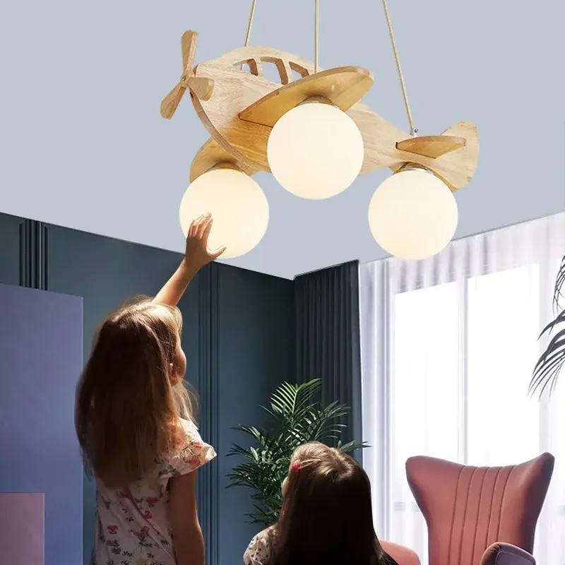 Karikatur Holz-Flugzeug-Kronleuchter für Kinder Kinder Jungen Schlafzimmer LED hängende Pendelleuchte Kinderzimmer Flugzeug Aufhängungsleuchten