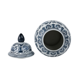 Vaso in ceramica con coperchio, design floreale blu e bianco, urna decorativa per soggiorno o camera da letto - Product Image 6