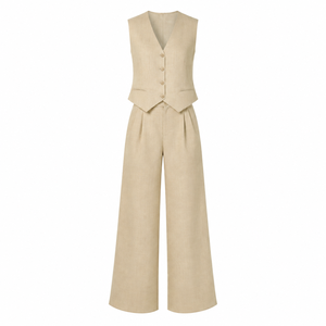 <b>Women</b> Beige Linen Vest and Shorts Set Sleeveless V Neck <b>Waistcoat</b> Two Piece Summer Outfit - Product Image 1