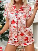 ODM Set Piyama Wanita Kasual Kerah Pendek Satin Dua Potong dengan Finishing Satin Halus untuk Pakaian Rumah dengan Cetakan Natal