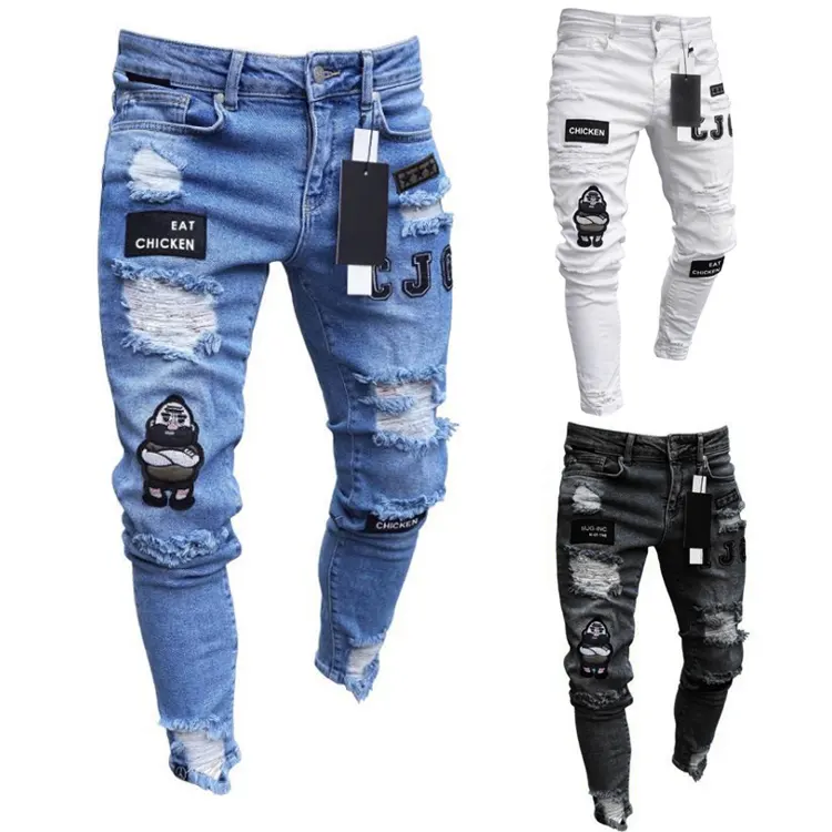 0.1 Échantillon Hommes Slim Fit Genou Trou Jeans Distressed Shabby Badge Pantalon Art Patches Skinny Biker Blanc Jeans Slim Pantalon