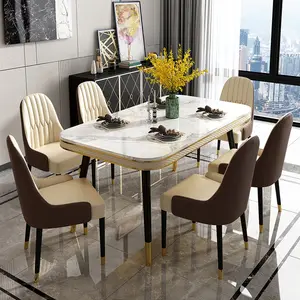 Design di lusso mobili per sala da pranzo tavolo da pranzo con piano in marmo e 6 sedie con decorazione in pelle