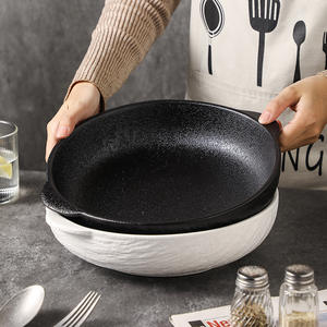 Assiettes à dîner <span class=keywords><strong>de</strong></span> forme ronde <span class=keywords><strong>de</strong></span> 12.2 pouces bol à double oreille en grès japonais Texture <span class=keywords><strong>de</strong></span> roche bol à soupe profond en céramique avec poignée - Product Image 2