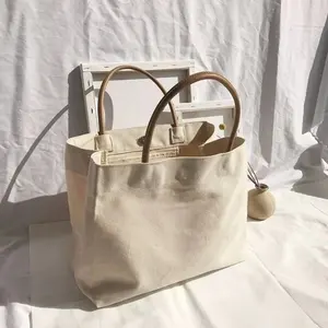 Huahao Bán Buôn Bolsas De Tela Khuyến Mại Tái Chế Cứng Dày Canvas Tote Túi Đầy Đủ Màu Sắc Dấu Ấn Với Da Xử Lý