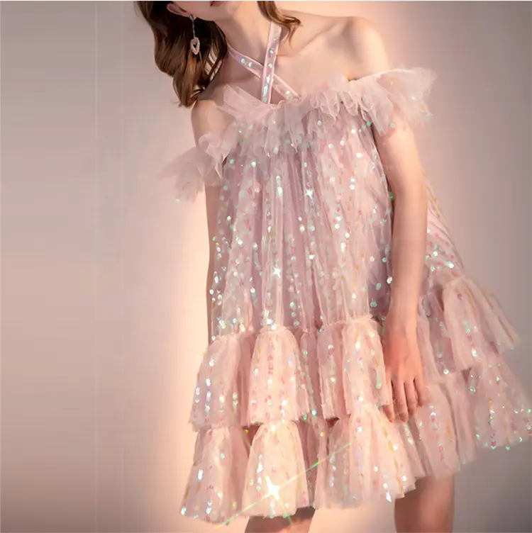Womens Dresses Party Fashion Pink Short Sleeve Backless Sequins Mini Lady Dress Ruffles Sexy Princess Party Dresses For Woman