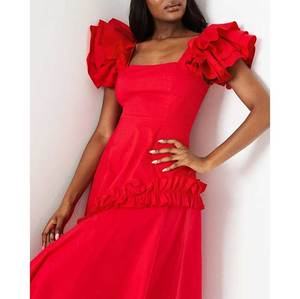 Robe maxi de soirée de luxe pour femmes, été 2024, longue, rouge, col carré, volants en dentelle, tissage uni, manches évasées, style A, décontractée - Product Image 3