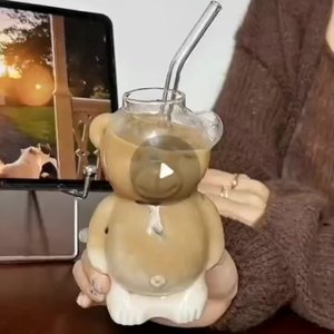 クラシックデザインレストランテディベア型コーヒーカップかわいい漫画耐熱ガラスミルクティーカクテルガラス用ジュースカップ - Product Image 2