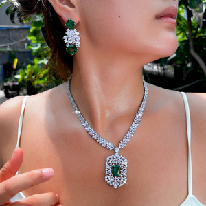 White Gold Color Blue Shiny Cubic Zircon Stone <strong>Indian</strong> Women Luxury Wedding Necklace and Earrings <strong>Costume</strong> <strong>Jewelry</strong> Set for Brides - Product Image 3