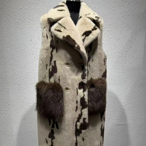Gilet Lungo in Finta Pelliccia con Stampa Mucca da Donna, Gilet Invernale Senza Maniche con Colletto Blazer Doppiopetto e Tasche in Pelliccia Sintetica di <span class=keywords><strong>Visone</strong></span> - Product Image 1