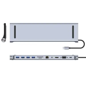 3D 11in 1 USB C HUB Tipe C ke HDTV, adaptor USB 3.0 yang kompatibel dengan adaptor Dok ultiport 11-In-1 dengan Gigabit Ethernet