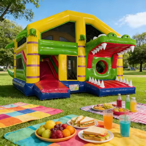 Structure gonflable Hualong Green Crocodile avec deux toboggans et jeux interactifs pour événements festifs - Product Image 2
