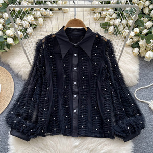 Blusa de manga farol plisada con incrustaciones de diamantes de alta resistencia para mujer, de un solo botón, a la moda - Product Image 2