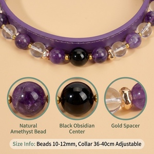 Collar de cristal de <span class=keywords><strong>amatista</strong></span> natural para perro, conjunto de collar y collarín de cuero morado ajustable con cuarzo obsidiana, joyería de lujo para mascotas, venta al por mayor OEM - Product Image 3