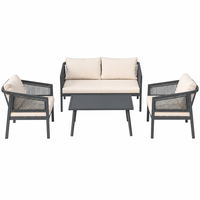 Ensemble de canapés gris anthracite à dossier en corde, 4 pièces avec 2 fauteuils et table basse, mobilier de patio avec coussins crème pour jardin