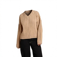 Damen V-Ausschnitt Gerippter Strickpullover mit Überschnittener Schulter, Lockerer Passform, Vertikaler Rippstruktur, Kurzer Pullover, Maßgefertigter Großhandels-Jumper