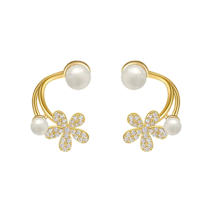 Orecchini a Forma di C in Metallo Dorato con Perle Finte e Cristalli a Fiore, Gioielli Moderni per Donne - Product Image 1