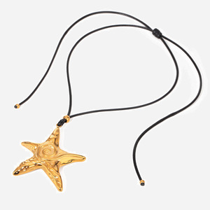 Starfish Pendant Necklace Stainless Steel Gold Plated Black Waxed <b>Rope</b> <b>Chain</b> Geometric Design Fashion Jewelry - Product Image 1