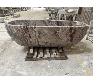 SH Stone Bañera ovalada moderna hecha a medida de lujo Monica Bañera de piedra independiente de mármol rojo Hoteles de baño exclusivos hechos a mano - Product Image 1