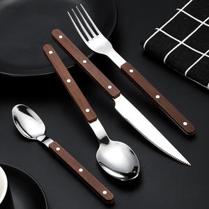 Stainless Steel Western Steak Knife <b>Fork</b> <b>Spoon</b> <b>Set</b> With Wood Handle Dishwasher Safe 5 Piece Flatware For Picnic - Product Image 4