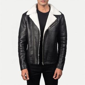 Veste de moto pour homme en cuir noir et laine blanche, écologique, imperméable, vente en gros, automne-hiver, service OEM - Product Image 1