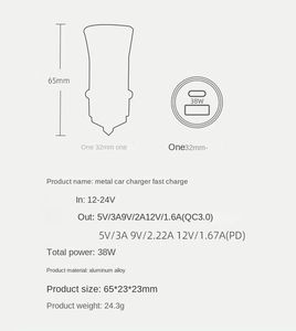 High Quality Universal 38W <b>Smart</b> Fast Charging Mobile Phone Car Charger PD Metal Cigarette Lighter 2 in 1 Double DC Port - Product Image 2