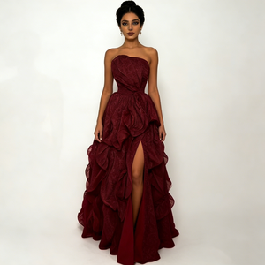 Robes pour femmes, bordeaux foncé, sans bretelles, col cœur, corsage plissé, volants superposés, fente haute, robe <span class=keywords><strong>de</strong></span> <span class=keywords><strong>soirée</strong></span> élégante <span class=keywords><strong>de</strong></span> style A - Product Image 1