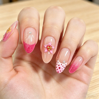 Lot de 30 faux ongles en acrylique, forme amande, style vacances, avec fleurs 3D, perles et strass, couverture complète, vente en gros, pour nail art