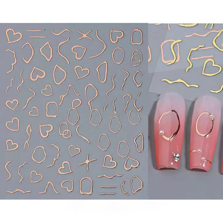 Glitter Laser Rose Gold 3D Em Relevo DIY Manicure Linha Personalizada Coração Decalques De Água Nail Art Adesivos