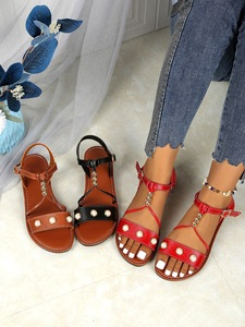 Sandalias Planas Cómodas con Decoración de Perlas Metálicas para Mujer, Correa Ajustable con Hebilla, Calzado para Caminar en la Playa, Uso Diario de Verano - Product Image 1