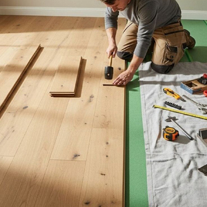 Parquet contemporain multicouche en chêne brillant AS2047, qualité ABC, auto-adhésif, à rainures et languettes, 14 mm, pour rangements et placards - Product Image 1