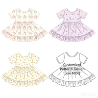 Robe trapèze vintage personnalisée à imprimé floral pour filles, manches courtes, col rond, taille froncée, ourlet à volants, robe trapèze pour enfants