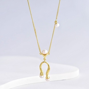 Collier en argent 925 plaqué or jaune géométrique, style vintage simple, perle d'été, pour femmes - Product Image 1