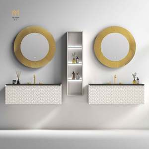 Meuble de salle de bain double vasque à prix d'usine, miroir LED, dessus en marbre, panneau en mélamine en acier inoxydable, motif carré, porte laquée, usage domestique - Product Image 3