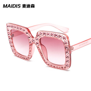 Maidis Square <b>Large</b> <b>Frame</b> Sunglasses Black Diamond Encrusted UV400 Women Fashionable Style - Product Image 3