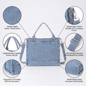 Borsa Tote Vintage Boho in Denim Lavato Personalizzata, Borsa a Tracolla in Jeans Azzurro Chiaro con Tasca Frontale e Catene, Portatile - Product Image 2