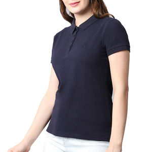 Polo décontracté pour femme en coton uni avec bordure en tissu, manches courtes, détails raffinés, style minimaliste et élégant - Product Image 2