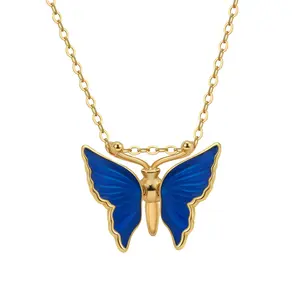 RINNTIN SN309 Romantic Jewelry 925 Sterling Silver Necklaces With Blue Enamel Charms Pendants 14K Gold Plated Necklace