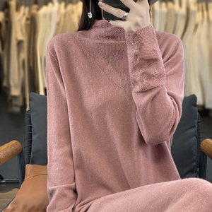 Váy len cashmere cao cổ nửa cổ dành cho nữ mùa thu đông Áo len dài khoét rỗng Váy thẳng Váy dệt kim dáng rộng giảm béo - Product Image 3