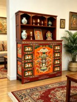 Lemari Samping Motif Binatang Mitologi Tibet Retro, Kayu Solid, Pintu Ganda Lukis Tangan, untuk Pintu Masuk, Ruang Belajar, Ruang Teh, Penyimpanan, 140x40x110cm