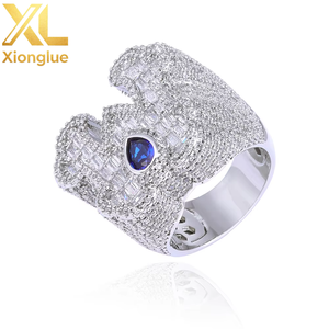 Custom <b>Initial</b> Blue Pear-Cut Gemstone Moissanite <b>Rings</b> 18K Real Gold Plated Halo Set S925 Silver Hip Hop Vendors B2B - Product Image 5